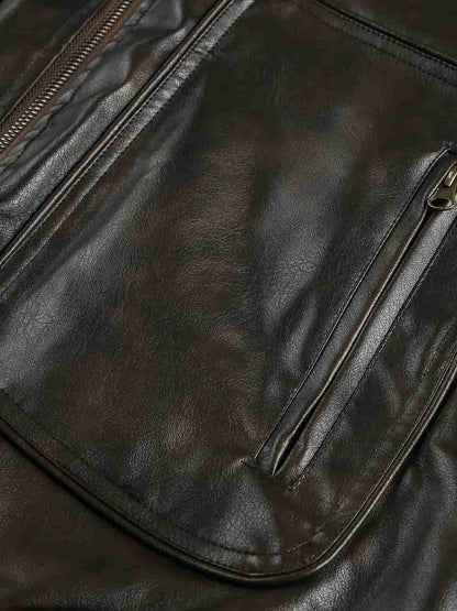 Thesupermade American Retro PU Leather Stand Collar Workwear Motorcycle Vest