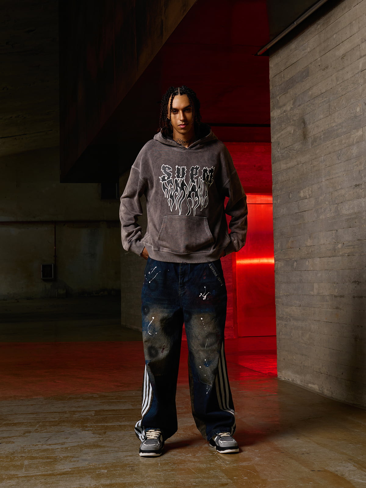 SPMD Flame Letter Graphic Cotton Hoodie