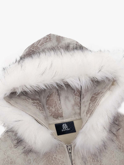 Leopard Print Hooded Jacket with Faux Fur Trim - Stylish and Warm Winter Outerwear