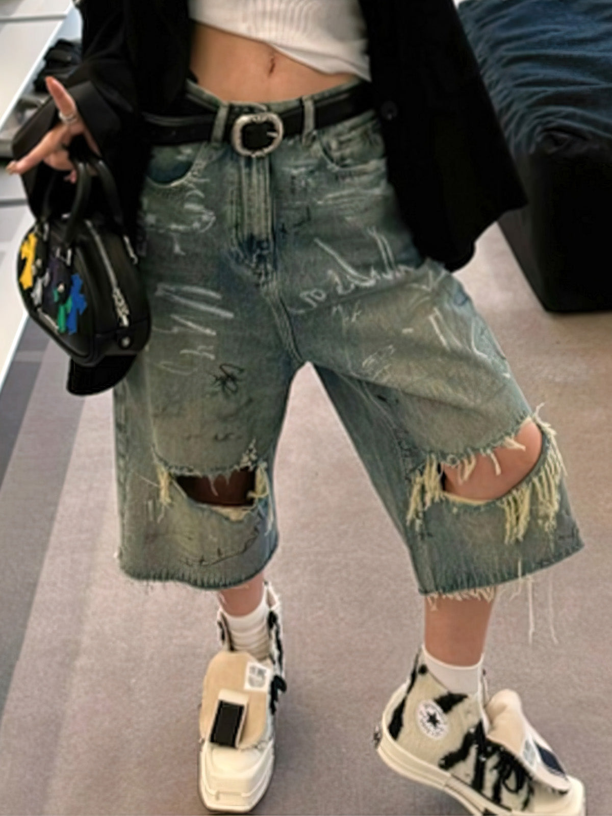 Ripped Hand-Painted Graffiti Ripped Jorts