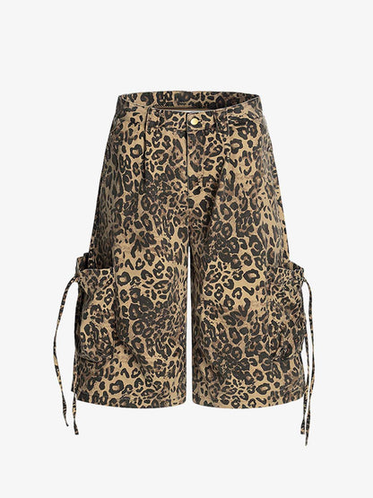 Retro Cheetah Print Pocket Drawstring Cropped Jorts