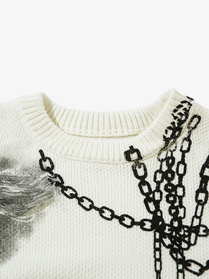 Chain Jacquard Spray-Painted Hole Round Neck Sweater