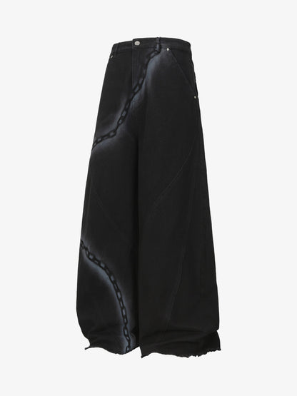 Chain Print Raw Edge Washed Wide-Leg Jeans