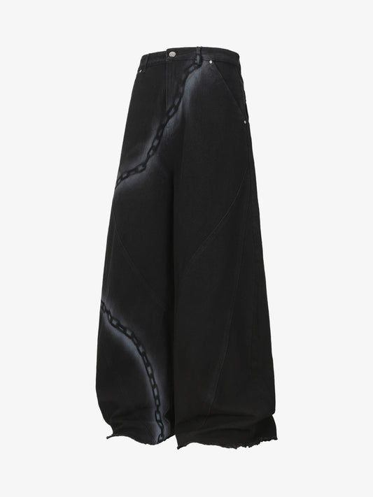 Chain Print Raw Edge Washed Wide-Leg Jeans