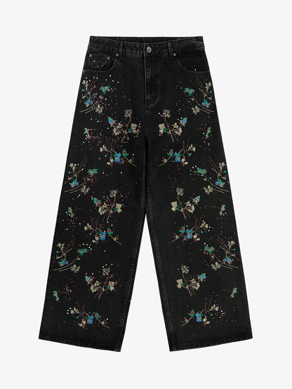 Vintage Floral Embroidery Rhinestone Straight Jeans