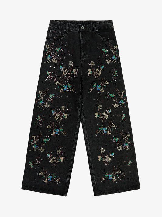 Vintage Floral Embroidery Rhinestone Straight Jeans