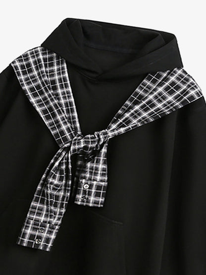 Stylish Plaid-Trimmed Hoodie with Sailor Collar Design for Women