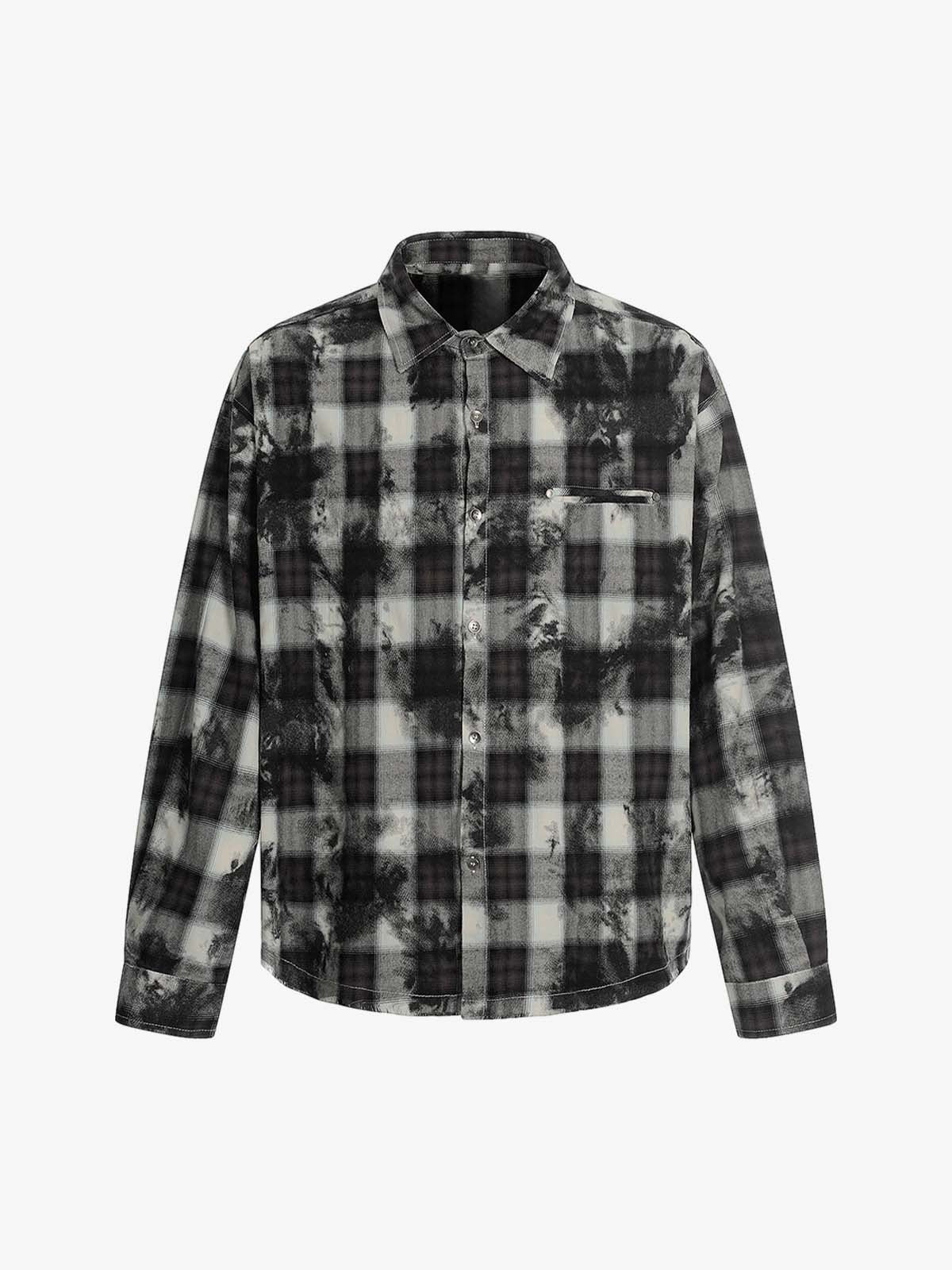 Street Lapel Tie-Dye Plaid Long Sleeve Shirt