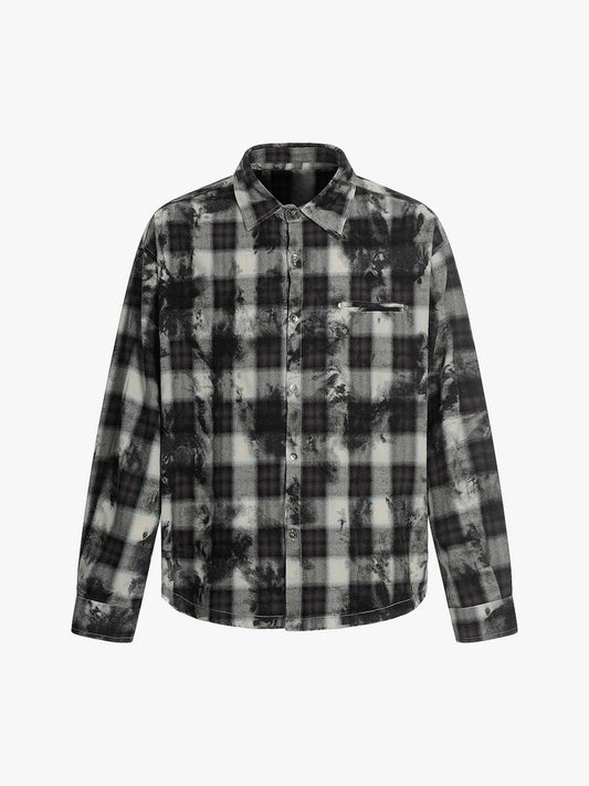 Street Lapel Tie-Dye Plaid Long Sleeve Shirt