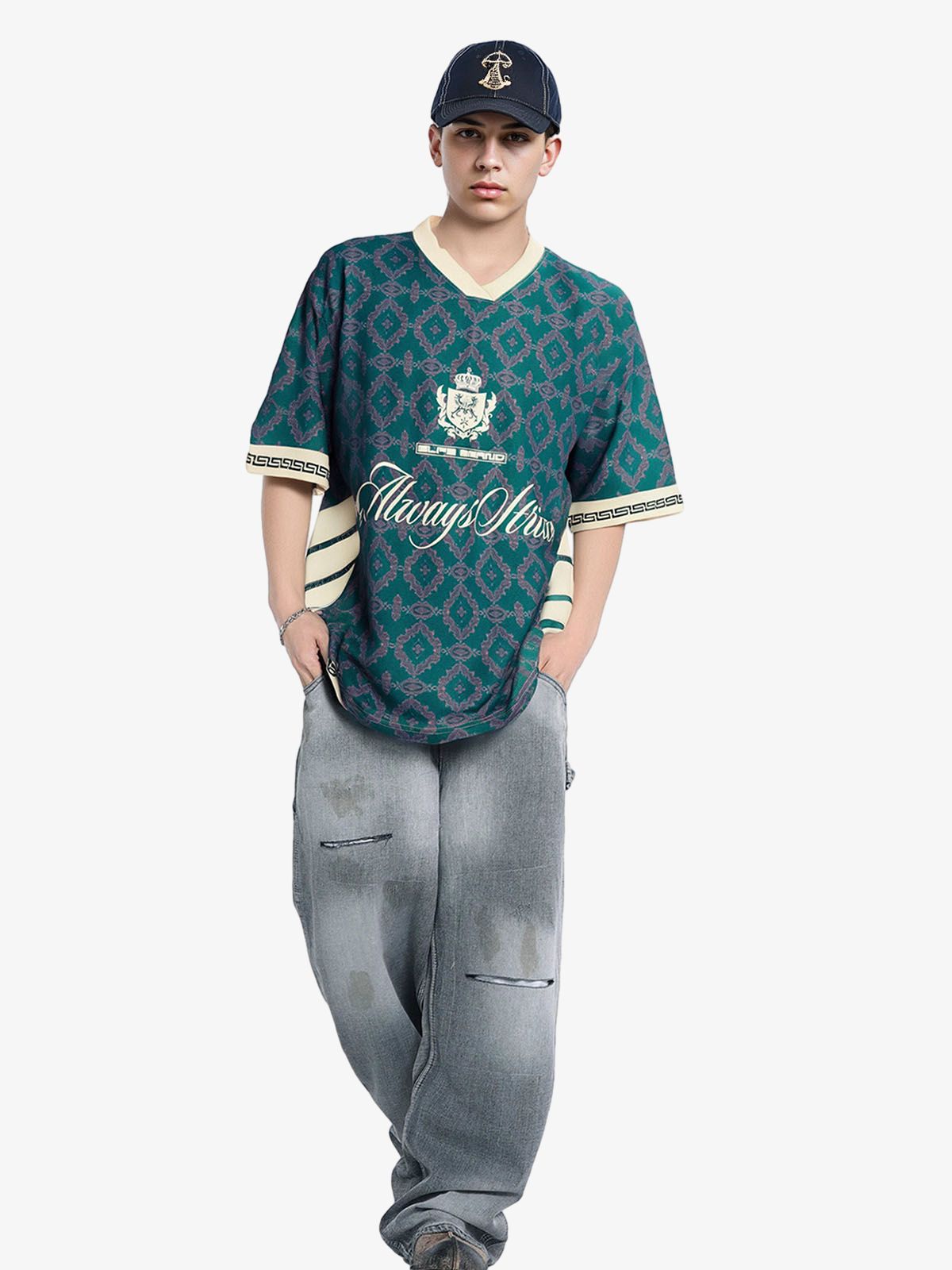 Always Strive Green Patterned Jersey V-Neck T-Shirt