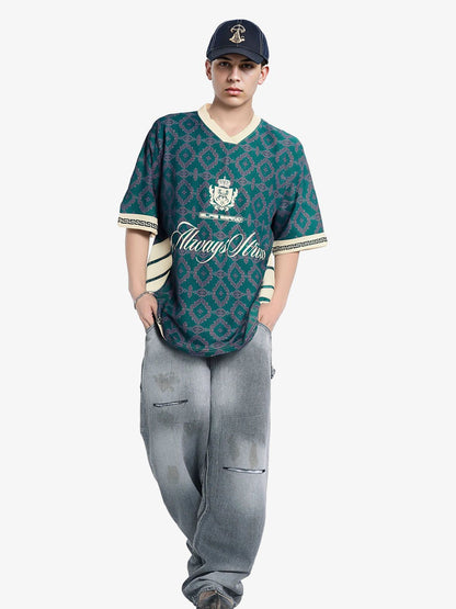 Always Strive Green Patterned Jersey V-Neck T-Shirt