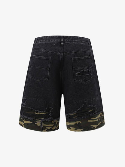 Thesupermade Patchwork Camouflage Ripped Shirt Jorts Denim Suit