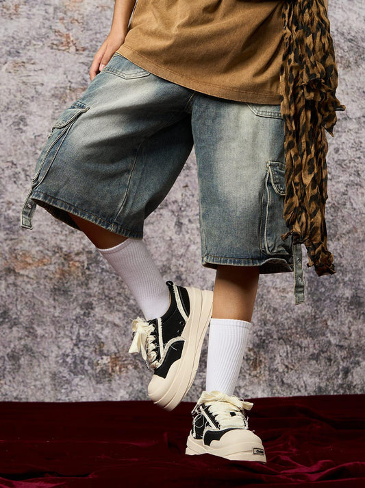 High-Waisted Multi-Pocket Denim Cargo Shorts