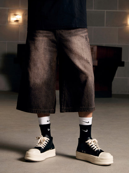 Distressed Washed Denim Cropped Jorts - 2399