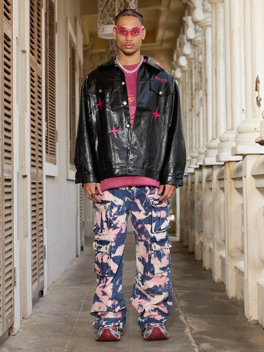 Thesupermade Star Embroidered PU Leather Jacket - 2358