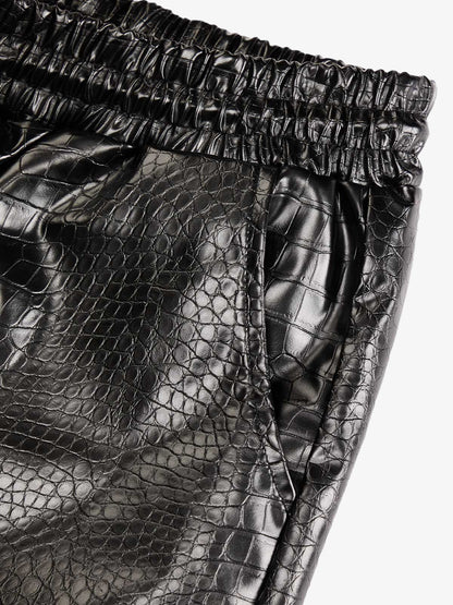 Letter Embroidered Leather Shorts