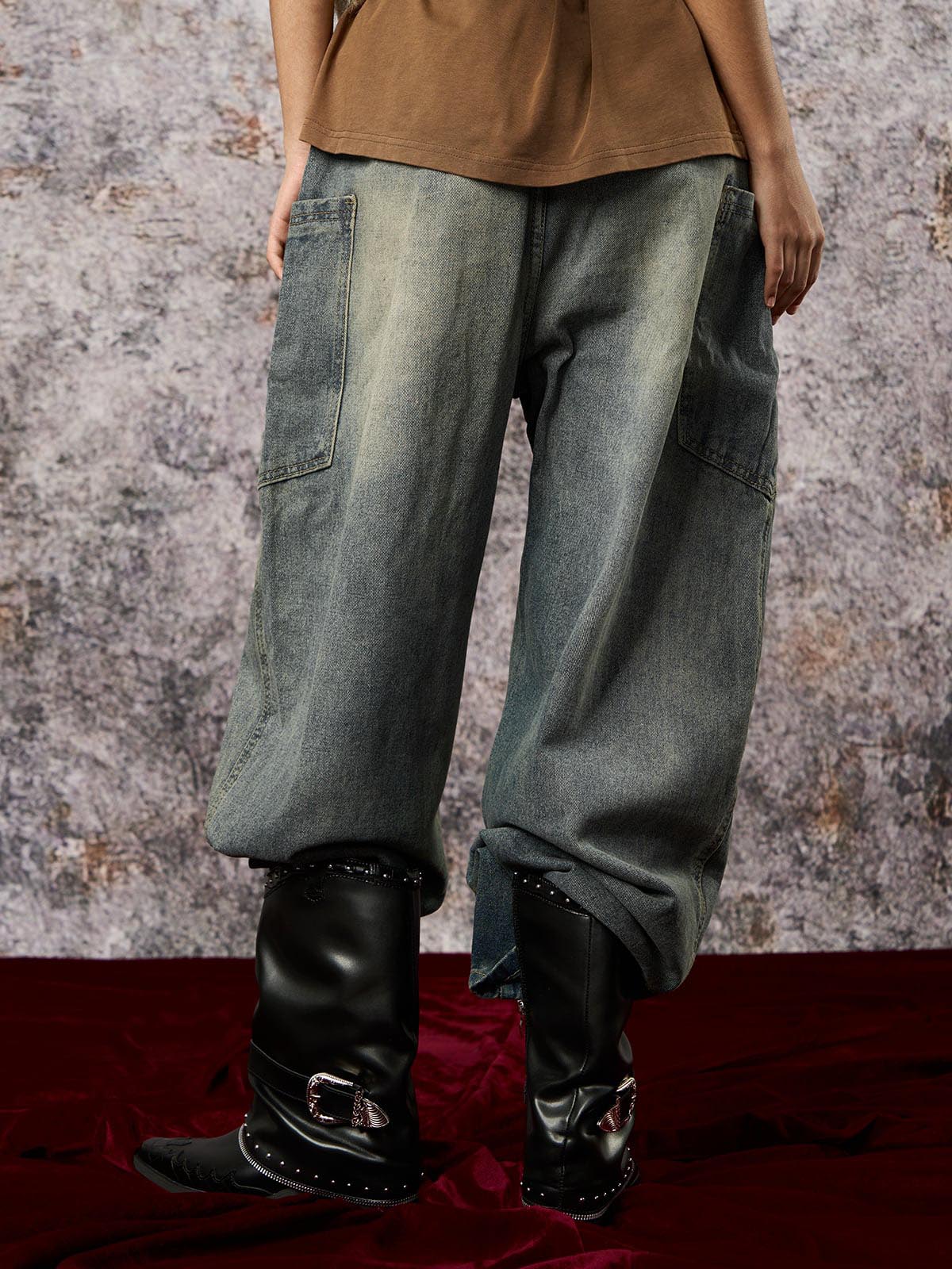 Washed Distressed Split Drawstring Barrel Jeans