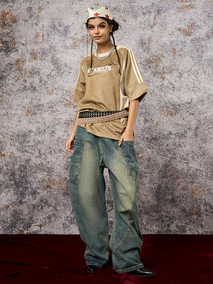 Suede Contrast Color Spliced Letter Embroidery Oversize T-shirt