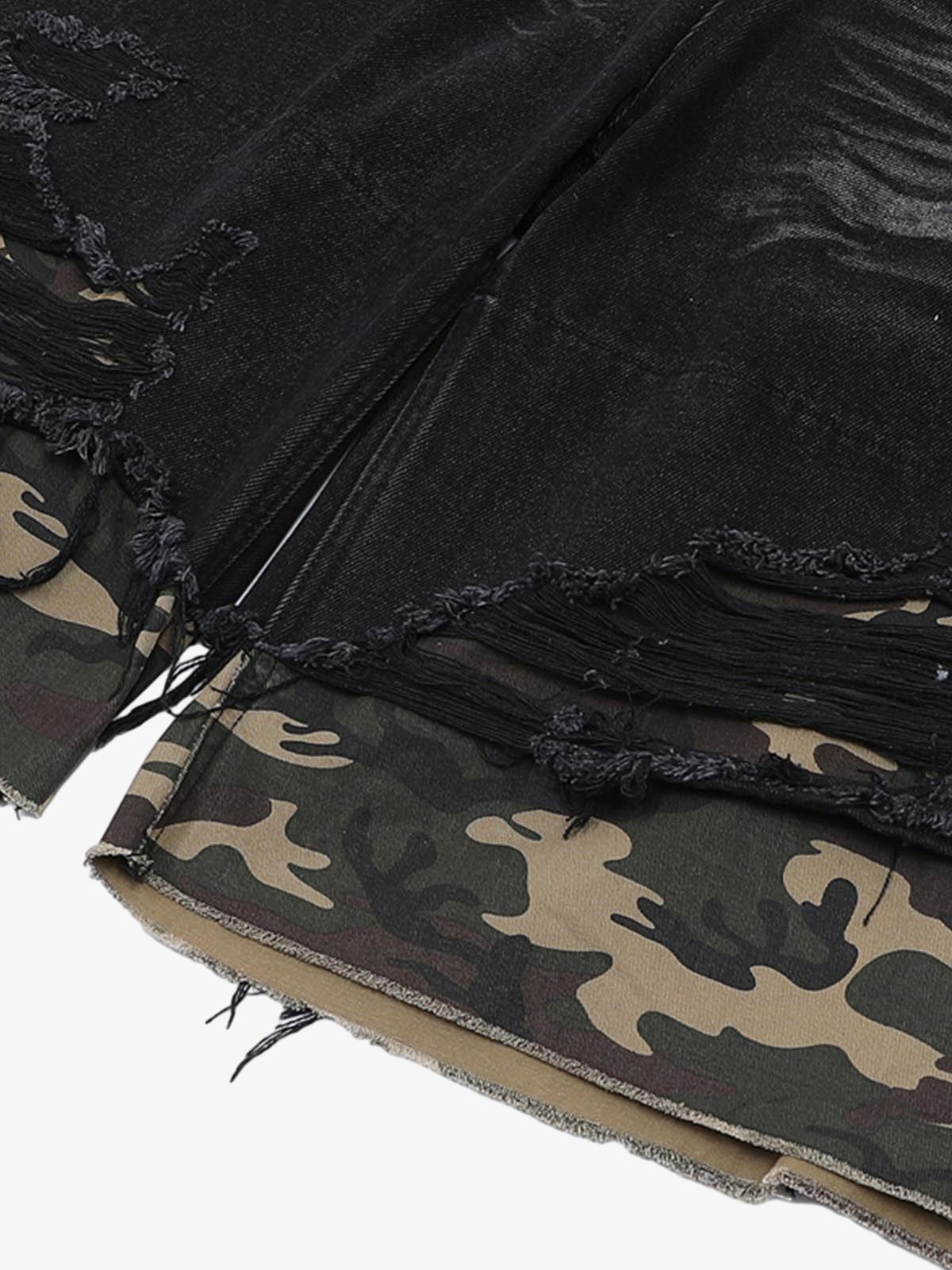 Thesupermade Patchwork Camouflage Ripped Shirt Jorts Denim Suit