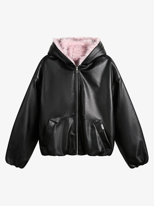 Leather Pink Fur Hooded Quilted Jacket