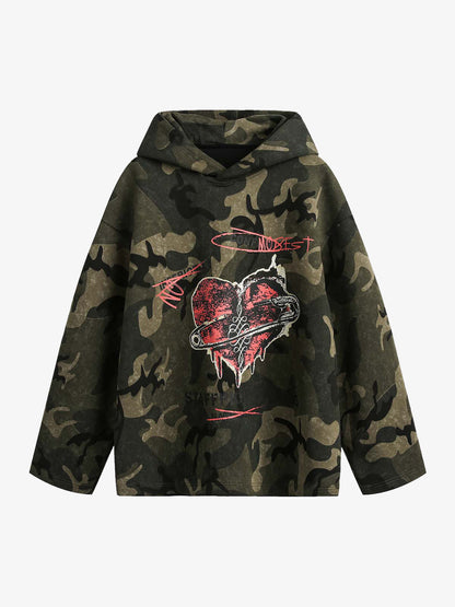 Vintage Camouflage Flame Heart Print Hoodie