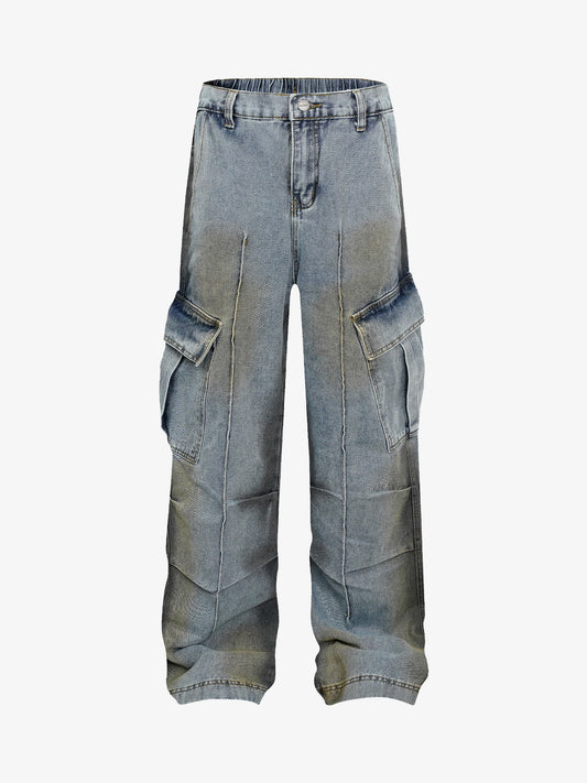 Washed Distressed Pleated Cargo Jeans