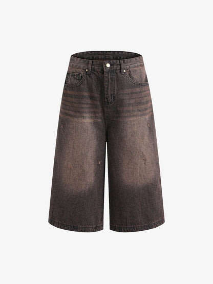 Distressed Washed Denim Cropped Jorts - 2399