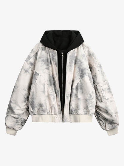 Patchwork Faux Two-Piece Gradient Hooded Bomber Jacket