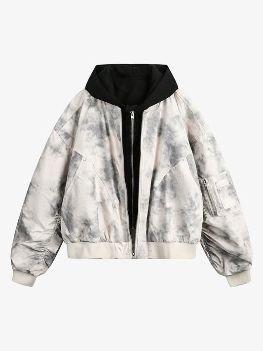 Patchwork Faux Two-Piece Gradient Hooded Bomber Jacket