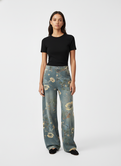 Denim Floral Print Carpenter Jeans - 2237