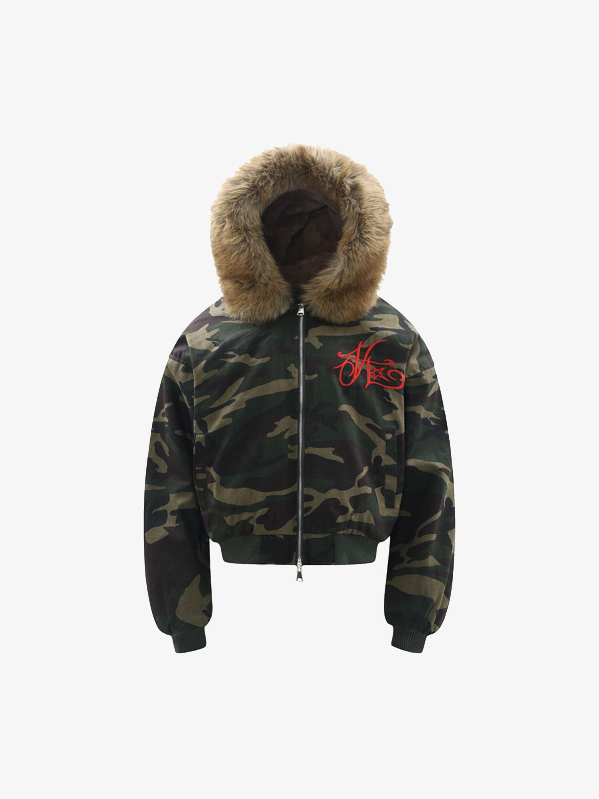 Embroidered Detachable Fur Hooded Jacket