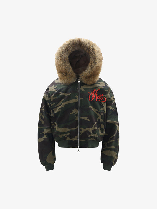 Embroidered Detachable Fur Hooded Jacket