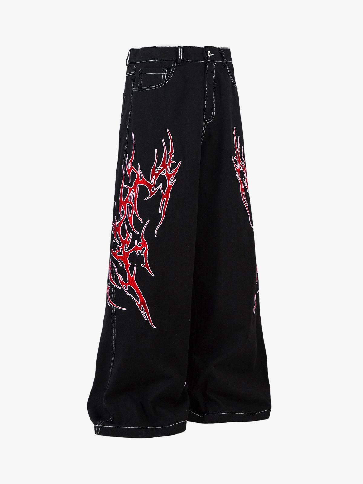 Contrast Flame Embroidered Baggy Jeans - 2364
