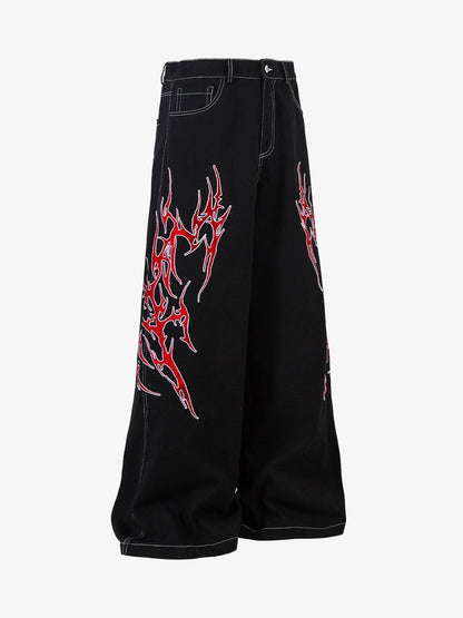 Contrast Flame Embroidered Baggy Jeans - 2364