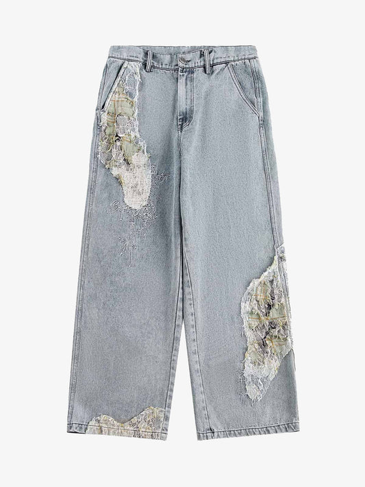 Ripped Lace Patchwork Straight Jeans