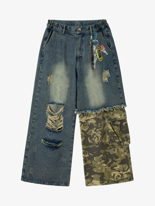 Camouflage Patchwork Workwear Straight Jeans