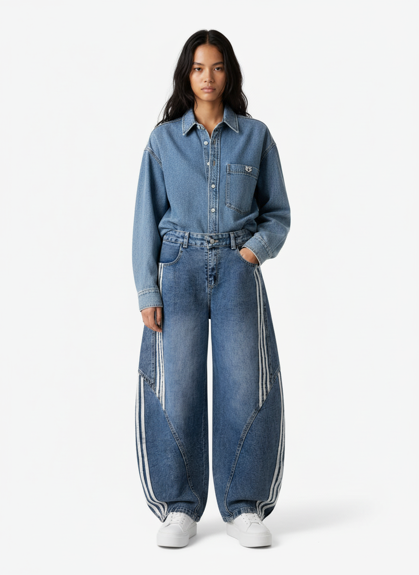 Denim Contrast Striped Stitching Barrel Jeans - 2504