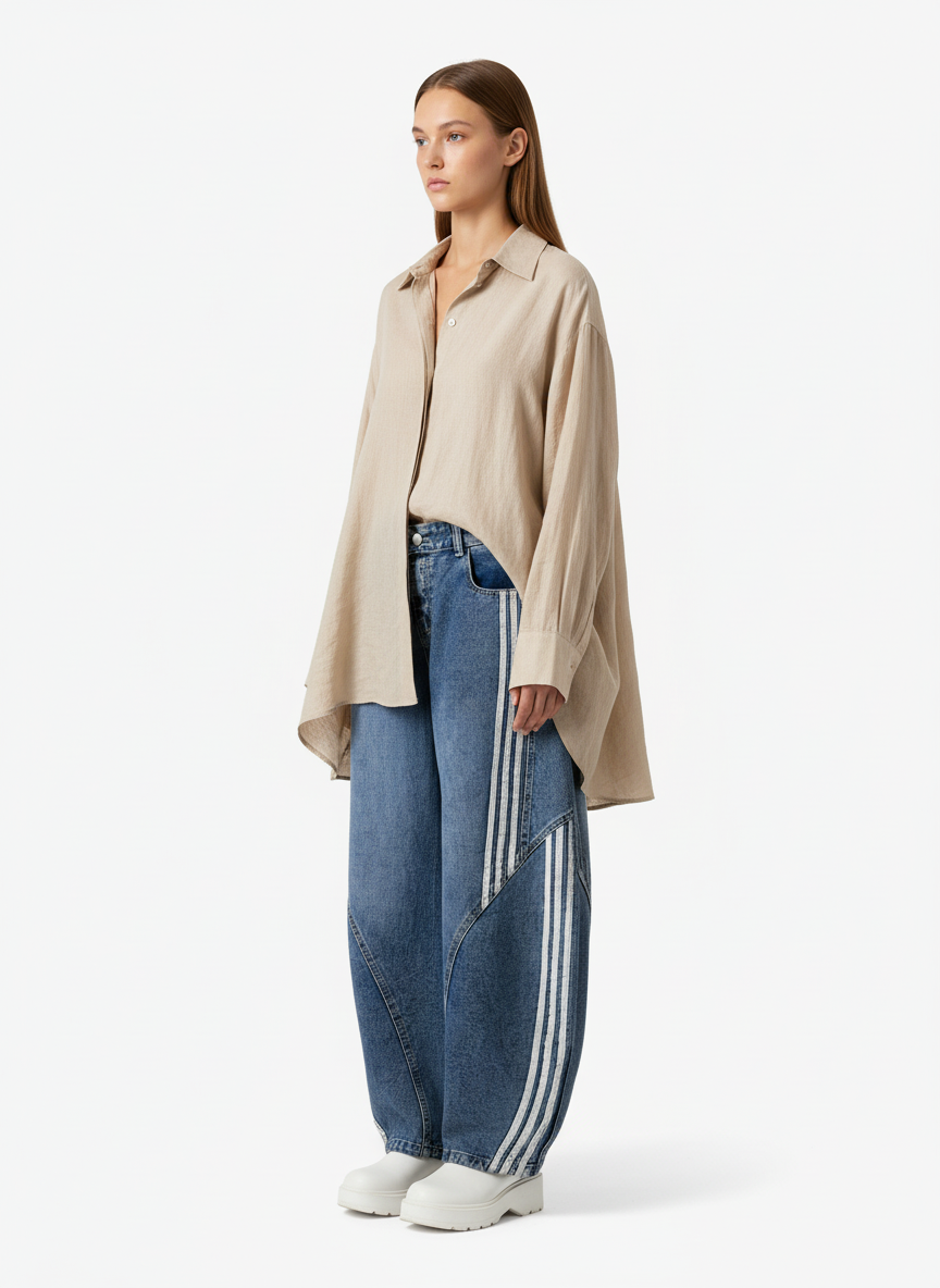 Denim Contrast Striped Stitching Barrel Jeans - 2504