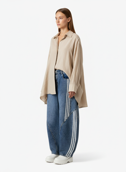 Denim Contrast Striped Stitching Barrel Jeans - 2504