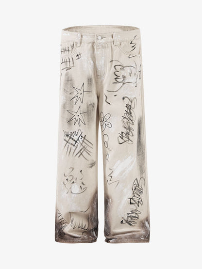 Distressed Washed Graffiti Baggy Jeans