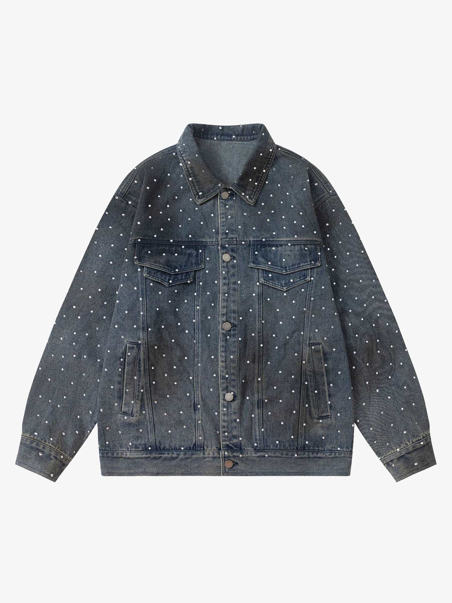 Thesupermade Hip-hop Beaded Washed Denim Jacket - 2264
