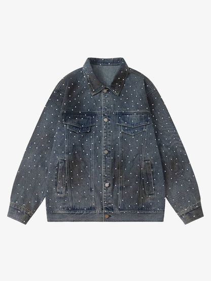 Thesupermade Hip-hop Beaded Washed Denim Jacket - 2264
