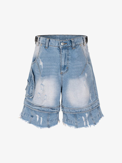 Ripped Washed Tassel Cargo Denim Shorts