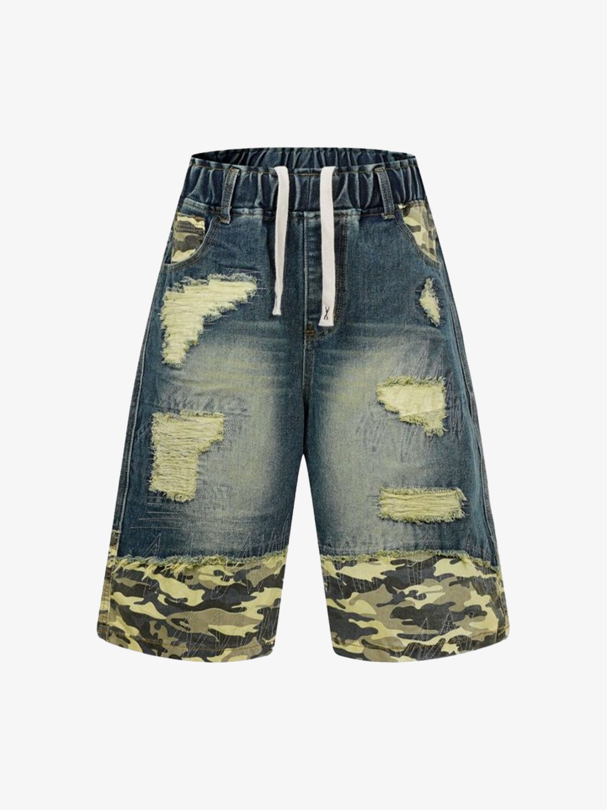 Distressed Camouflage Denim Shorts