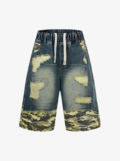 Distressed Camouflage Denim Shorts