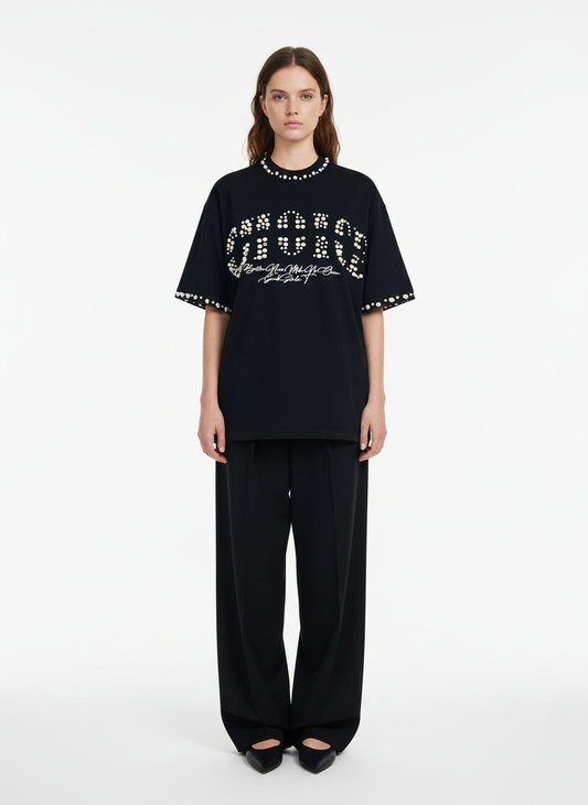 Elegant Pearl-Embellished Oversized T-Shirt