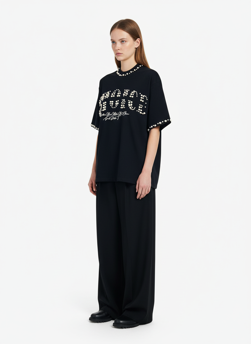 Elegant Pearl-Embellished Oversized T-Shirt
