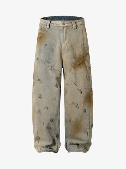 Washed Graffiti Spray Paint Barrel Jeans