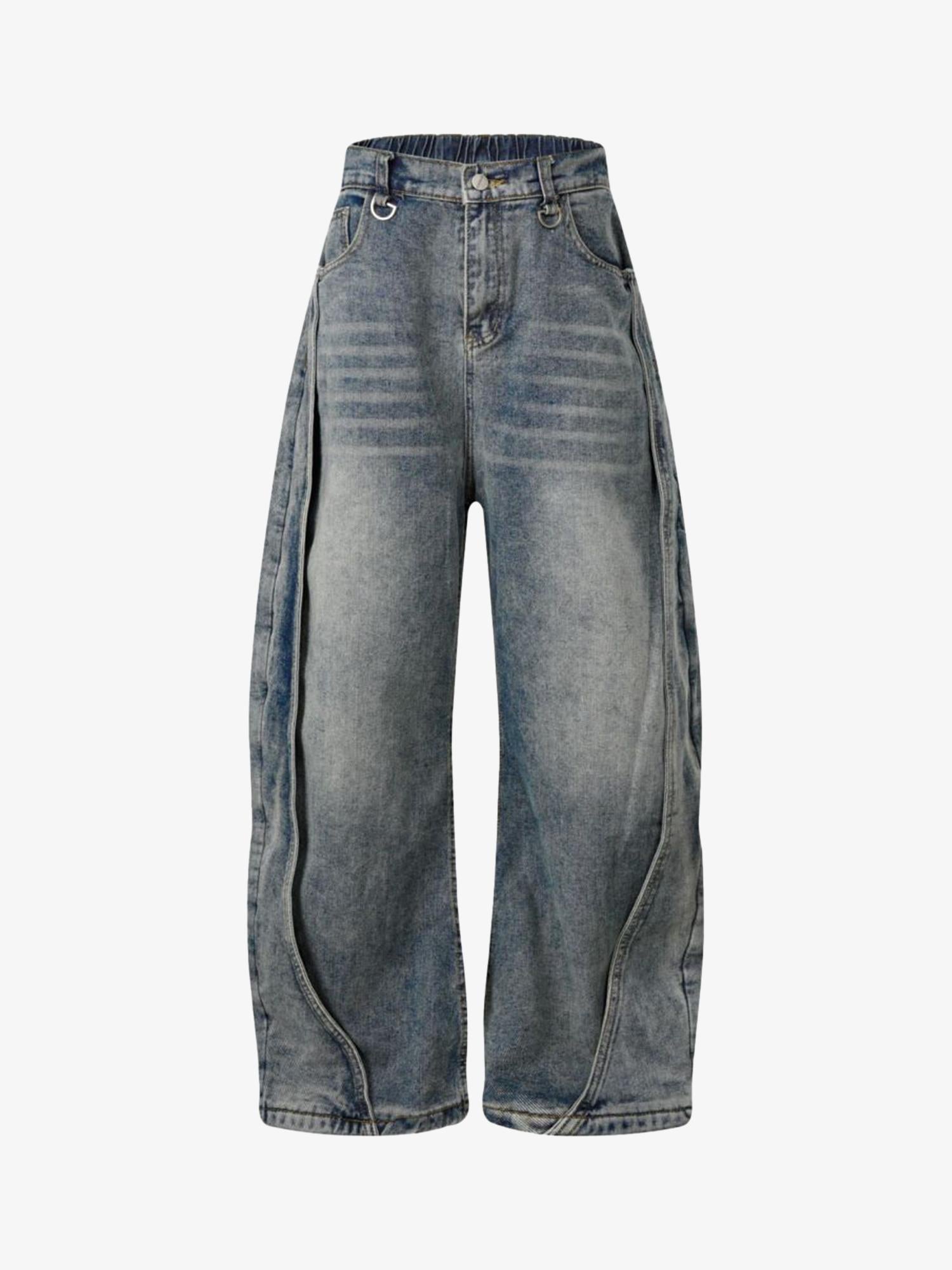 Washed Distressed Deconstructed Split Barrel Jeans - 2359