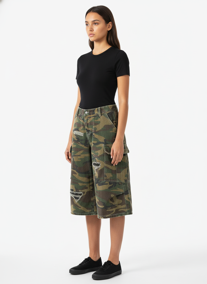 Retro Ripped Camouflage Cropped Jorts - 2387